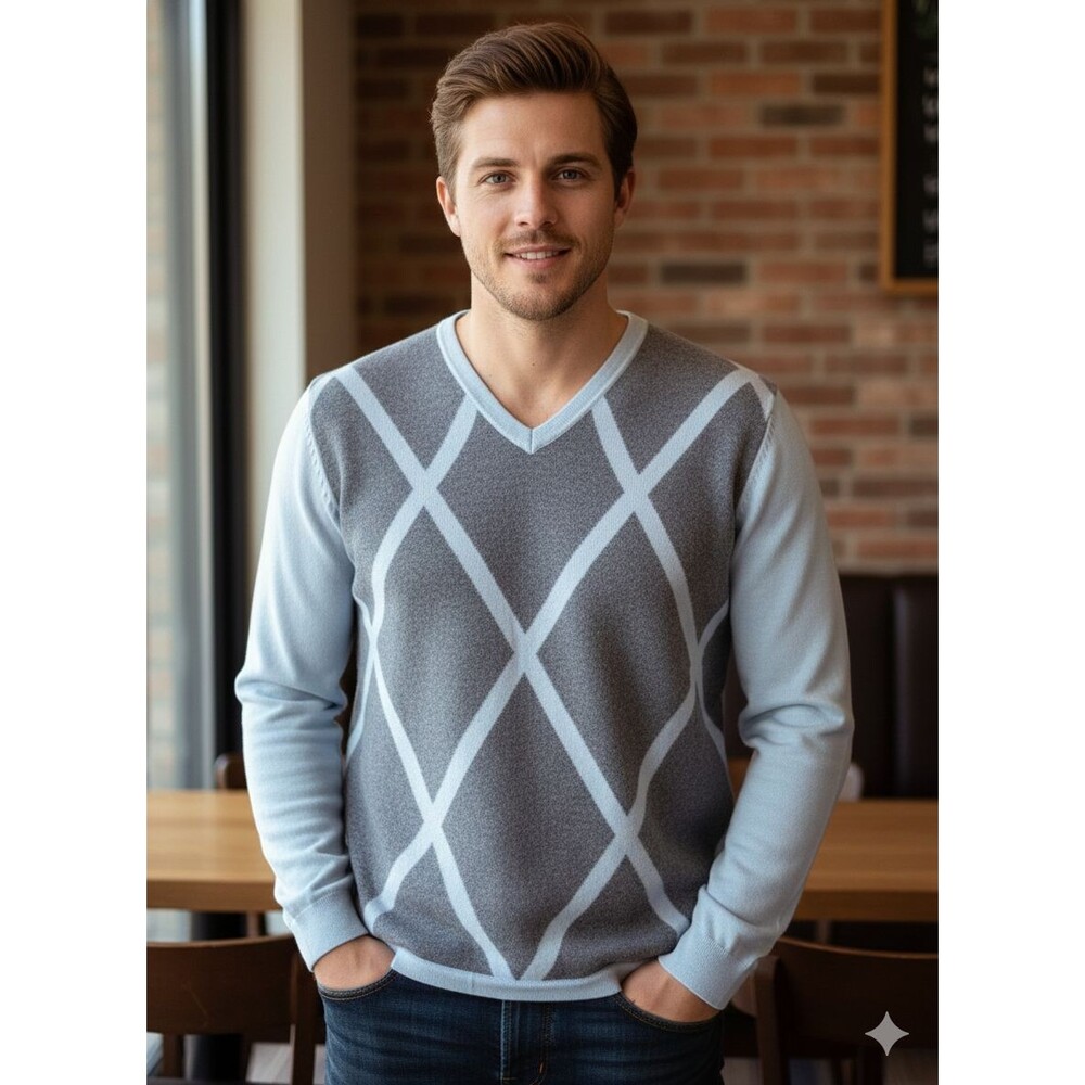 BOSS Hugo Boss Men's V-Neck Sweater Size XL Gray Blue Argyle Virgin Wool Mix